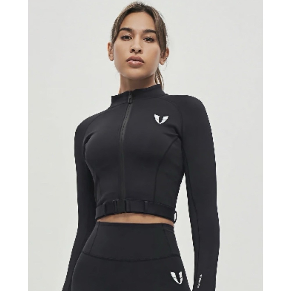 black Firm Abs crop jacket sleek moto-style design Stand Up Collar Waist Belt M